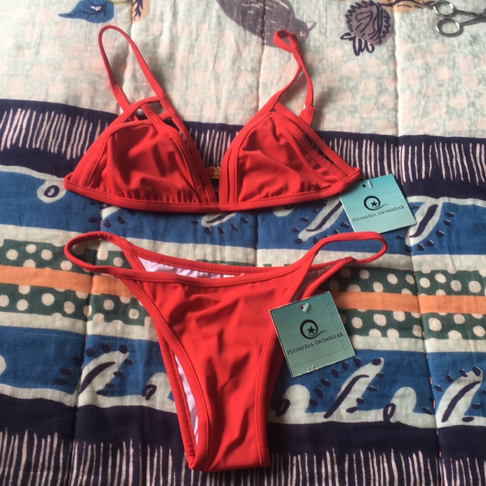 Plumeria red bikini S bottom/M top